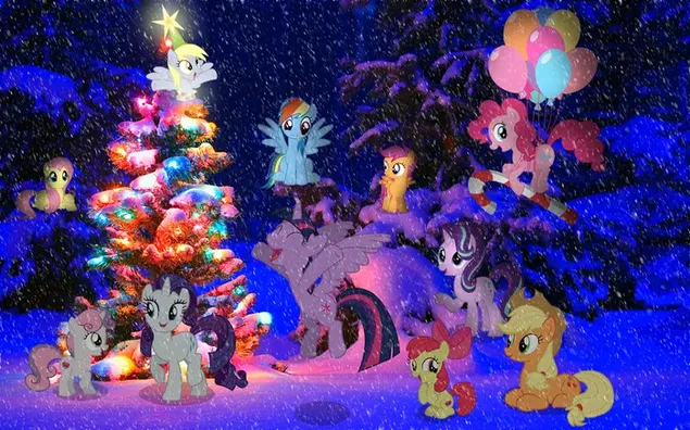 クリスマス ツリーと漫画の馬 HD 壁紙