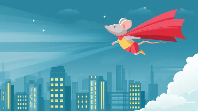 superheroe raton de dibujos animados volando sobre el horizonte de una ciudad al atardecer descargar