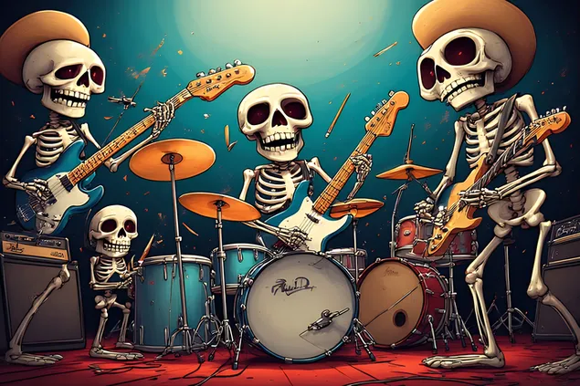 Desene animate cu schelete cântând la chitară și tobe, stil artistic ilustrativ.ww 2K imagine de fundal
