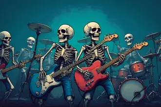 Cartoon-Skelett-Band spielt Gitarre und Schlagzeug, Illustrationskunststil.ew 2K Hintergrundbild