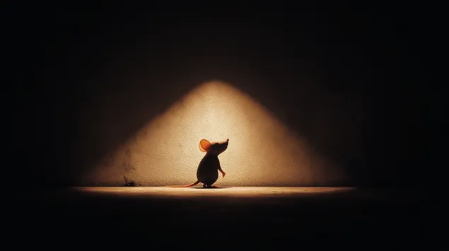 Silhueta miške v risanem slogu v dramatičnem žarometu na temni steni 2K ozadje