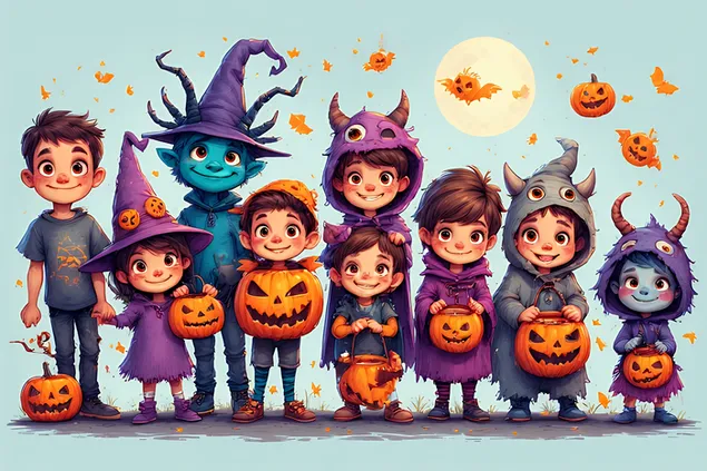 koomiksistiilis kommimangud lastele, mis on kostuumis koletised, lobusad varvilised vibe'id allalaadimine