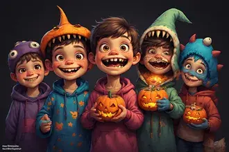 Trick-or-Treat Kanner am Cartoon-Stil, verkleed als Monsteren, lëschteg faarweg Vibeet 2K Tapeten