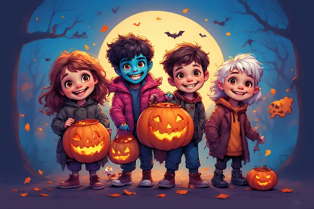 Crianças fantasiadas de monstros em estilo desenho animado, clima divertido e colorido7 2K papel de parede