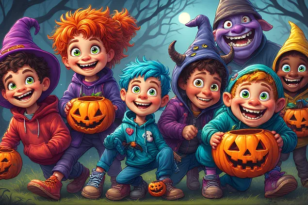 Crianças fantasiadas de monstros em estilo desenho animado, clima divertido e colorido36 2K papel de parede