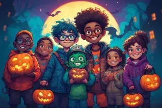 Kinder im Cartoon-Stil, die als Monster verkleidet sind und beim Trick-or-Treat-Spiel eine lustige, farbenfrohe Atmosphäre haben 2K Hintergrundbild
