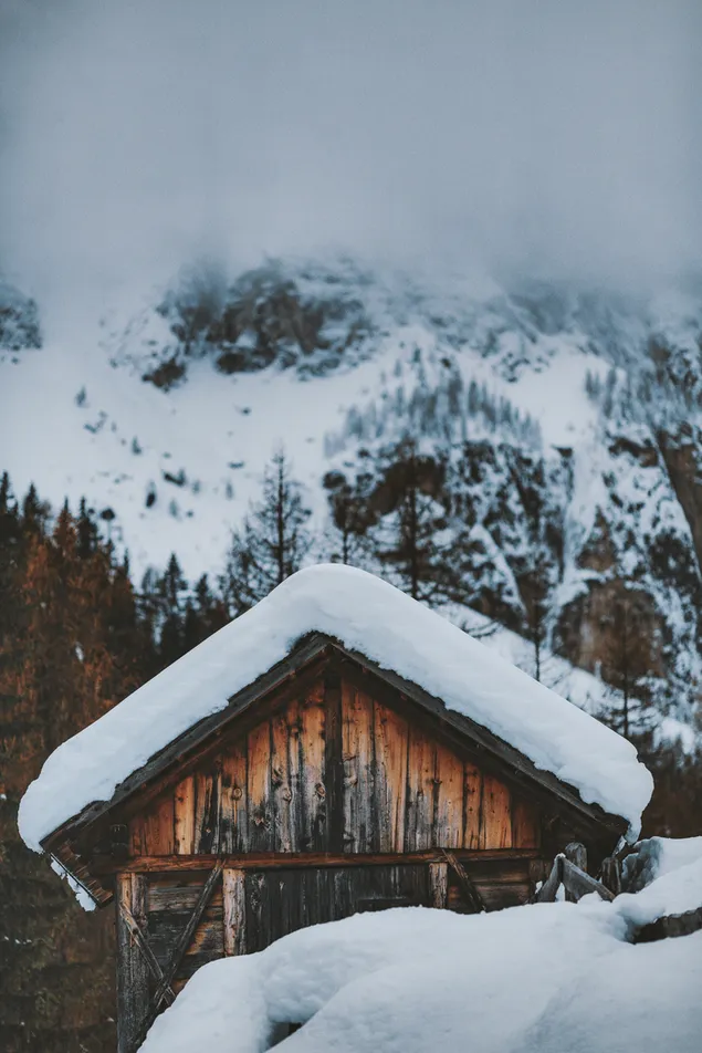 Casa de madera marrón sobre suelo cubierto de nieve