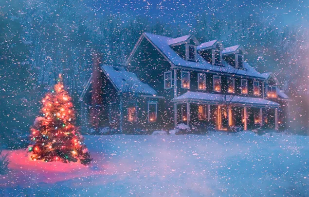 Casa de Navidad en tormenta de nieve de invierno