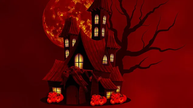 Casa embrujada de Halloween oscura con calabazas