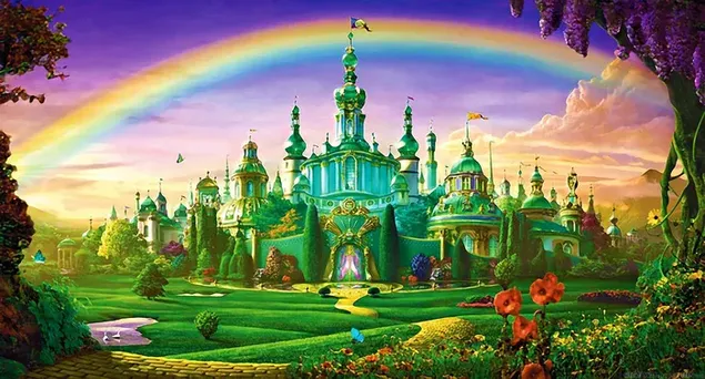 Castillo de cuento de hadas entre hierba verde y flores bajo el arco iris en tiempo nublado descargar