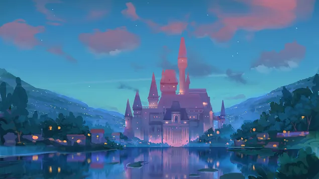 Arte de la noche del castillo 4K fondo de pantalla