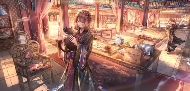 Gatto e ragazza in stile cinese 4K sfondo