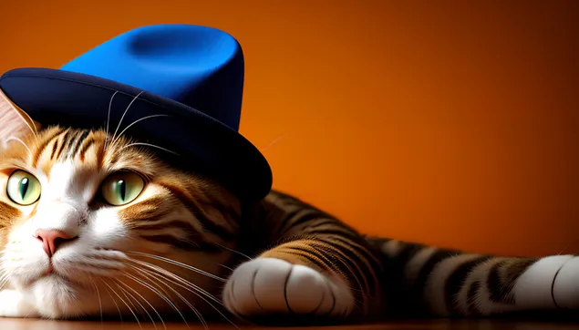 gato con sombrero azul 2K fondo de pantalla