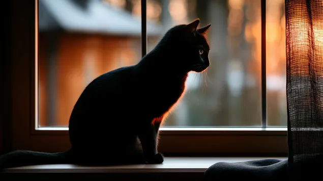 kattsilhuett sittande pa fonsterbrada bakgrundsbelyst av golden hour light ladda ner