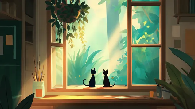 חתולים בצללית ליד חלון שטוף שמש בחדר ירוק ונעים 2K טפט