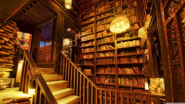 Cầu thang gỗ, lan can bằng gỗ và trang trí thư viện bằng gỗ được chiếu sáng tải xuống