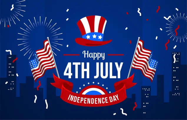 独立記念日の特別な日のお祝いの花火、建物、旗で飾られたお祝いカード ダウンロード