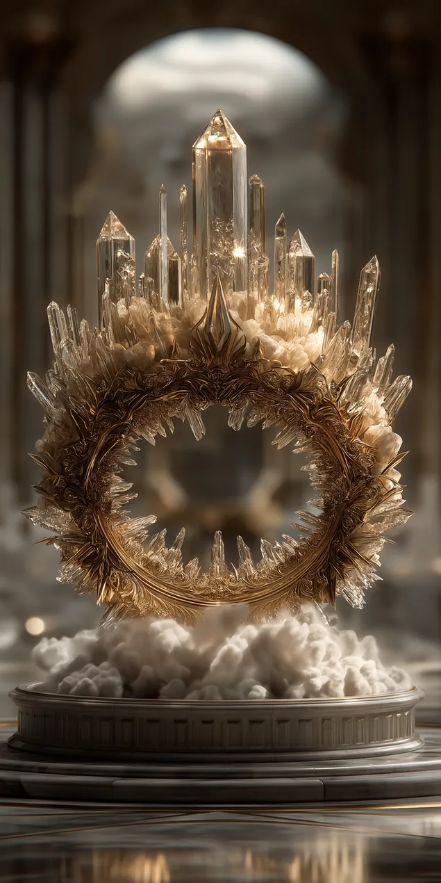 Небесна кристална круна од светлина и злато на пиедестал HD тапет