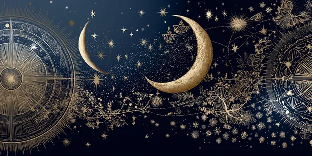 kompozim me linja qiellore te zbukuruara, hene, yje, qiell nate shkarkim