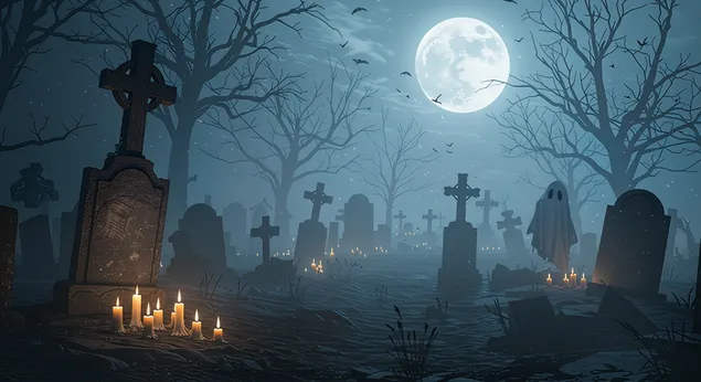 Cimitero delle anime dimenticate: un cimitero nebbioso pieno di candele tremolanti e sagome spettrali. 2K sfondo