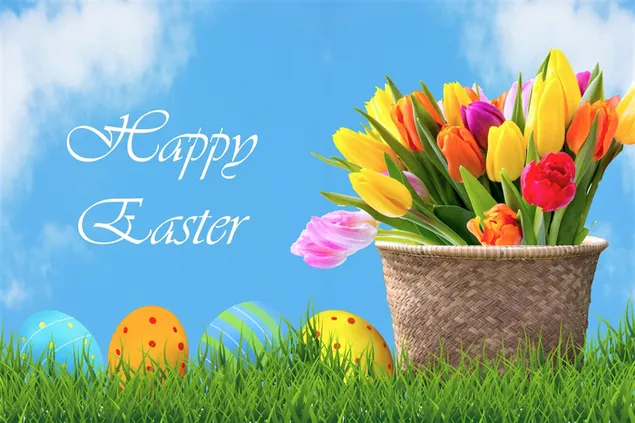 Cesta de flores de Pascua y huevos de Pascua
