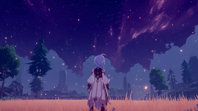 Персонаж смотрит на безмятежный звёздный луг под космическим небом 2K обои