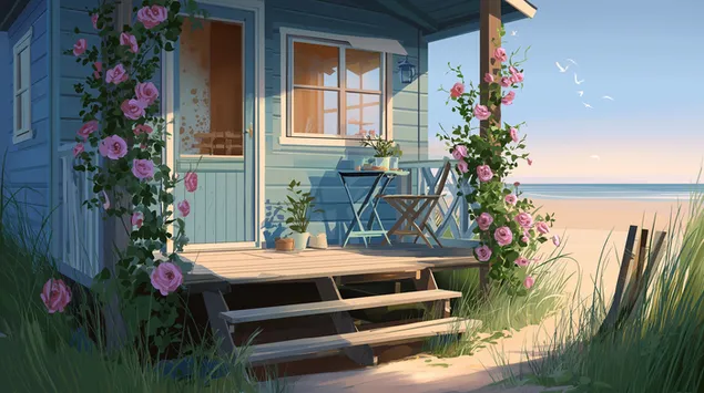 bajos tengerparti haz viragos diszitessel es oceannal letoltes