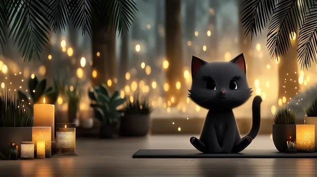 חתול שחור מצויר מקסים בתנוחת יוגה עם אורות בוקה 2K טפט