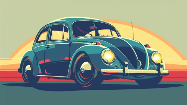 Sjarmerende tegneserie av en vintage VW Beetle 8K bakgrunn