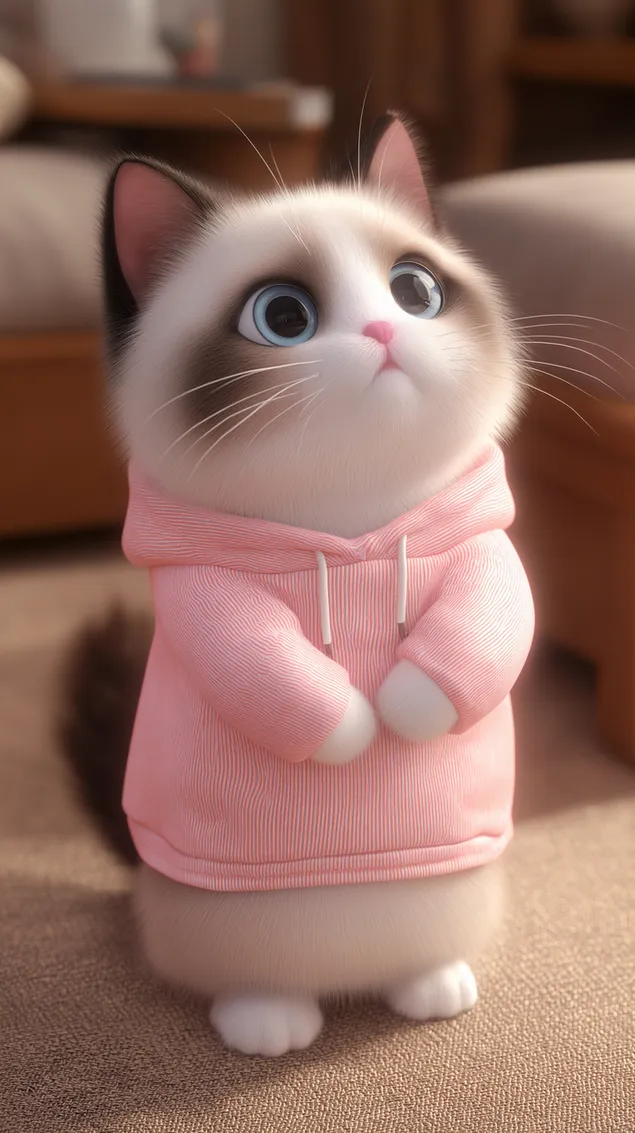 viehattava kissaelain lampimassa hupullisessa vaatteessa katsoo ylospain lataa