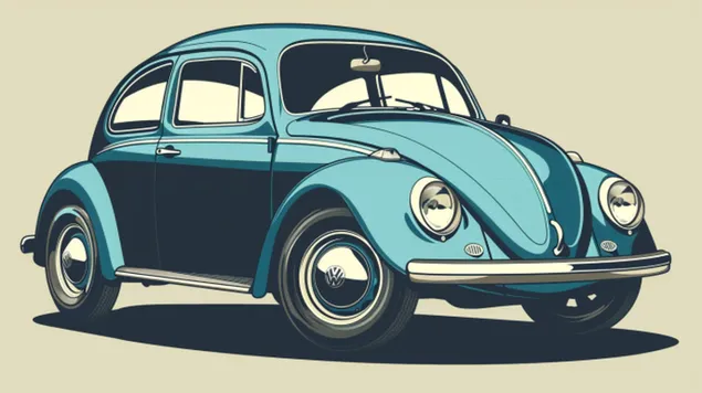 Charmante reis: een vriendelijke cartoon van een vintage VW-kever 8K achtergrond