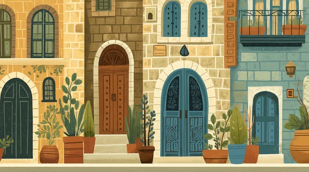 نمای ساختمان‌های مدیترانه‌ای جذاب با گیاهان گلدانی کاغذدیواری  2K