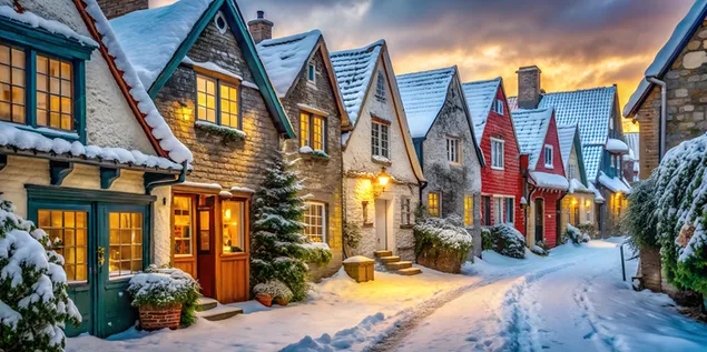 دهکده جذاب اروپایی قدیمی در آرامشی پوشیده از برف کاغذدیواری  4K