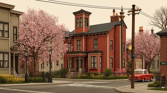 cuinne conaithe mealltach le teach dearg agus blathanna silini ioslodail