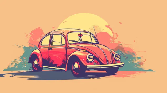 Charming Ride: En vennlig tegneserie av en vintage VW Beetle 8K bakgrunn