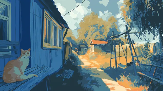 pemandangan desa soviet yang menawan dengan kucing di bangku unduhan
