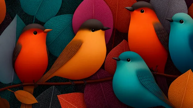 Bájos stilizált madarak és levelek absztrakt illusztráció 2K háttérkép