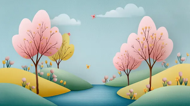 추상적인 봄 나무가 있는 매력적인 수채화 풍경 2K 배경화면