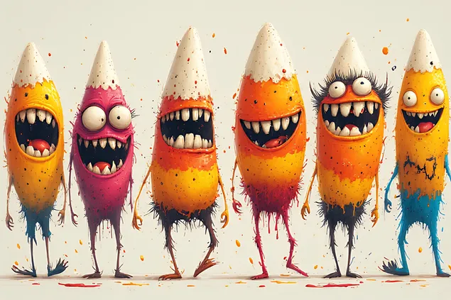 Веселые мультяшные кукурузные монстры, радостно марширующие в красочном и игривом дизайне на Хэллоуин, полном праздничного очарования. 2K обои