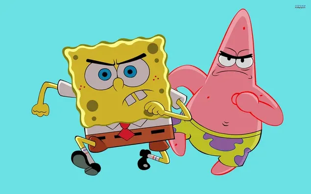 Fröhliche SpongeBob-Zeichentrickfigur mit blauen Augen und seinem Freund, der nervös läuft herunterladen