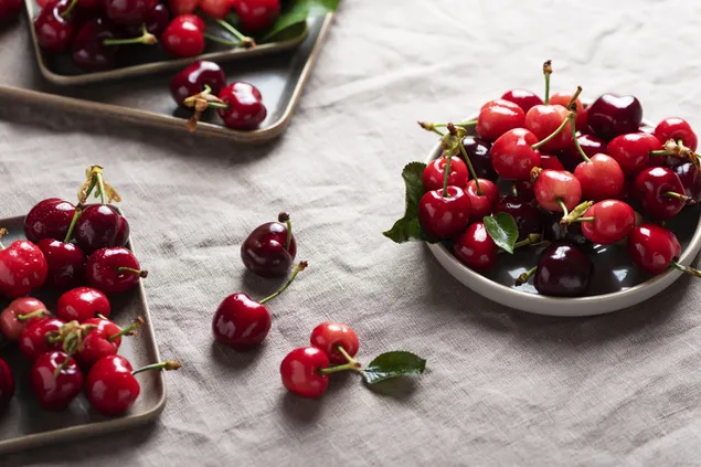 kersen geserveerd op witte borden op een wit tafelkleed download
