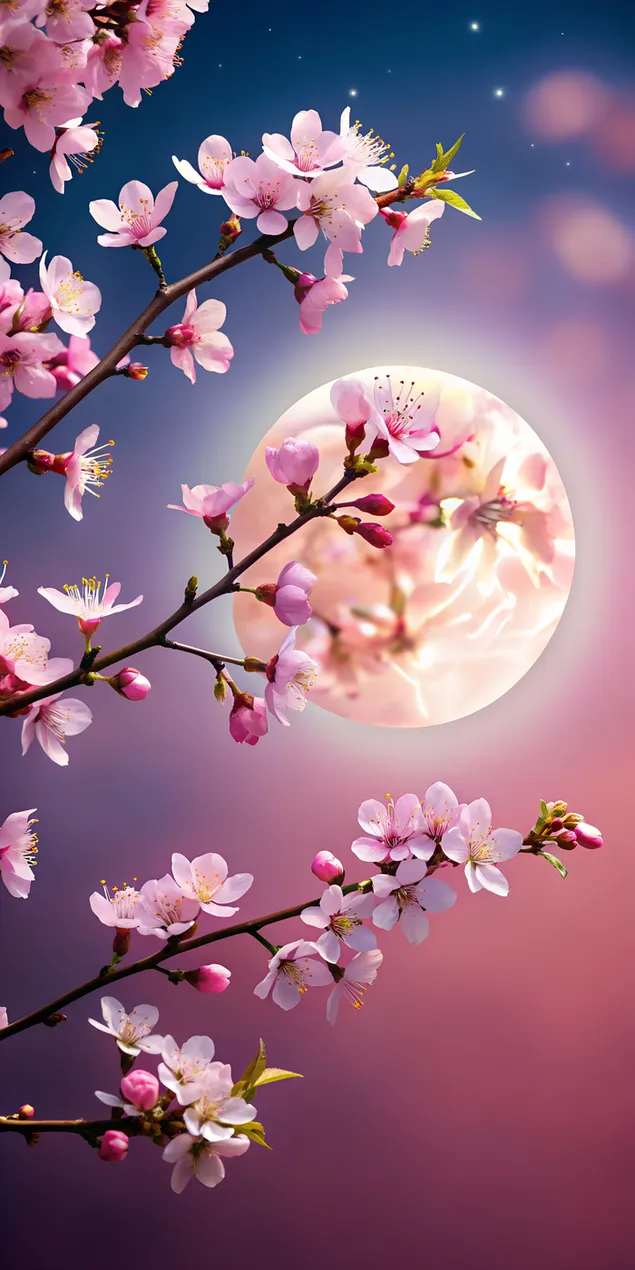 cseresznyevirág reggel a holddal 2K háttérkép