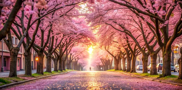Kiischtebléieschau Beem Linn eng Strooss mat beandrockend Sonnenopgang 4K Tapeten
