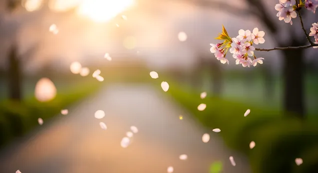 Черешови цветове в Златния час: Падащи венчелистчета от сакура 4K тапет