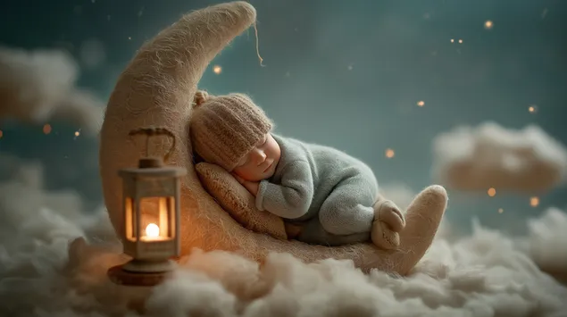 engelagtige pasgeborene rus op 'n maan met warm lanterngloed aflaai
