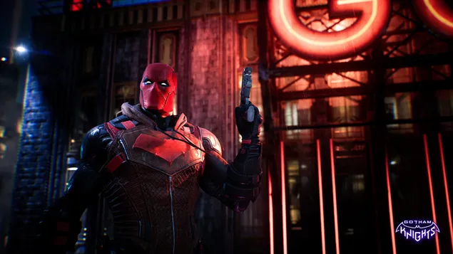 赤黒の衣装と銃を保持している赤いマスクのゴッサムナイツのビデオゲームのキャラクターの画像