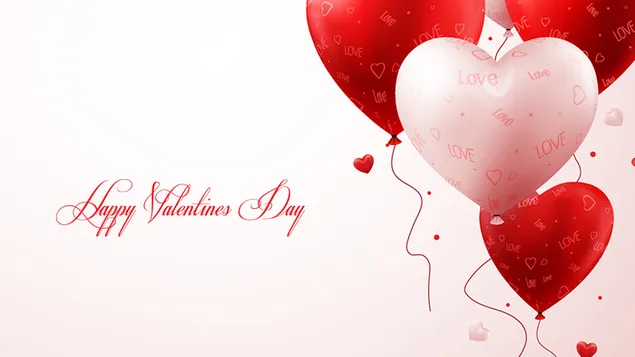 赤と白の風船のハートとそれらの愛のレタリングとバレンタインデーのメモ