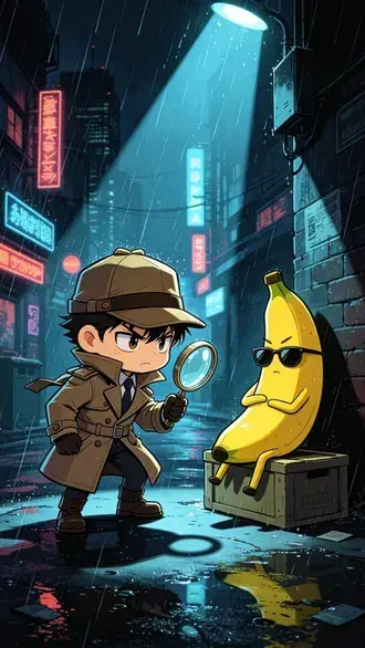 ilustrace chibi detektiva vysetrujiciho cool banan v temne destive mestske ulicce stahnout