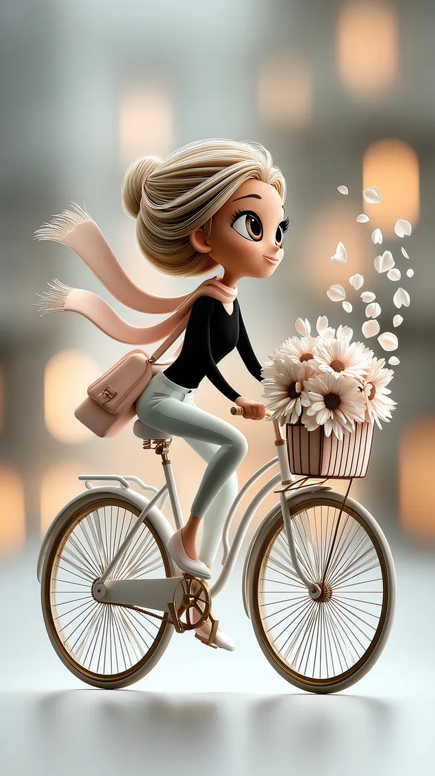 chique cartoonvrouw op fiets met bloemenmand download
