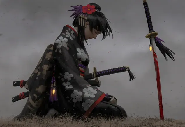 Chica Anima samurai con espada en la cintura vestida con traje de batalla en un ambiente brumoso descargar